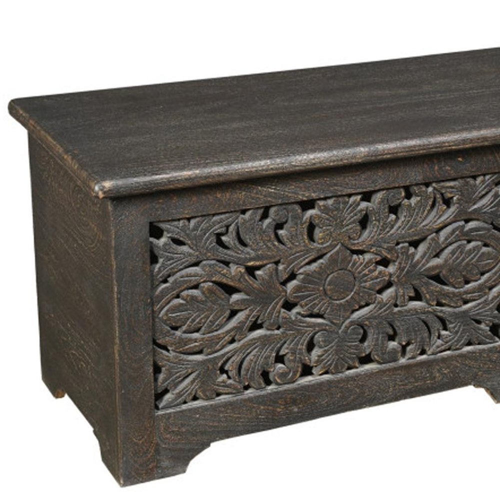 52" Black Distressed Solid Wood Carved Floral Storage Ottoman