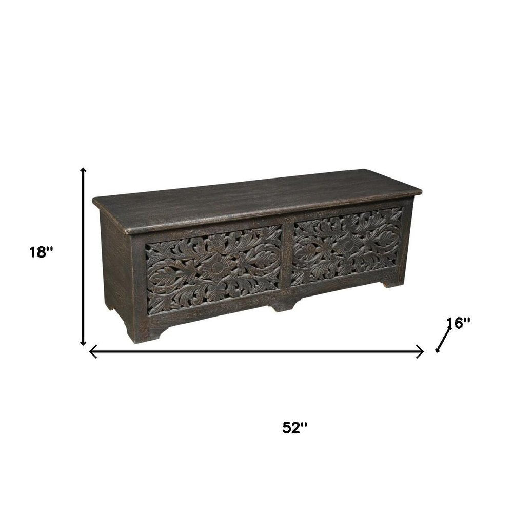 52" Black Distressed Solid Wood Carved Floral Storage Ottoman