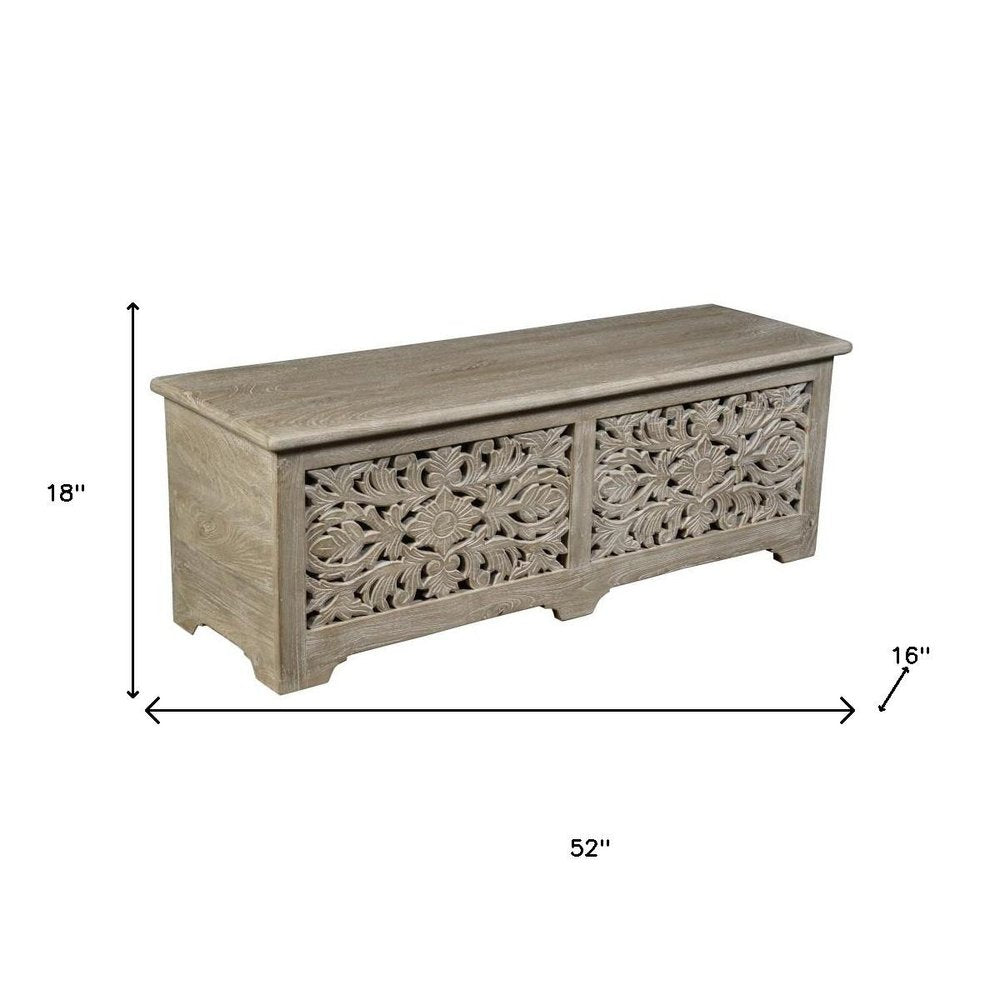 52" Gray Distressed Solid Wood Carved Floral Storage Ottoman
