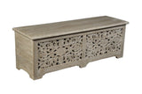 52" Gray Distressed Solid Wood Carved Floral Storage Ottoman