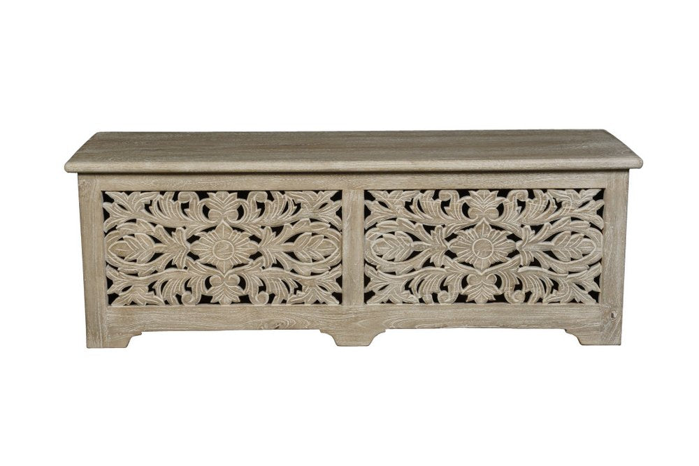 52" Gray Distressed Solid Wood Carved Floral Storage Ottoman