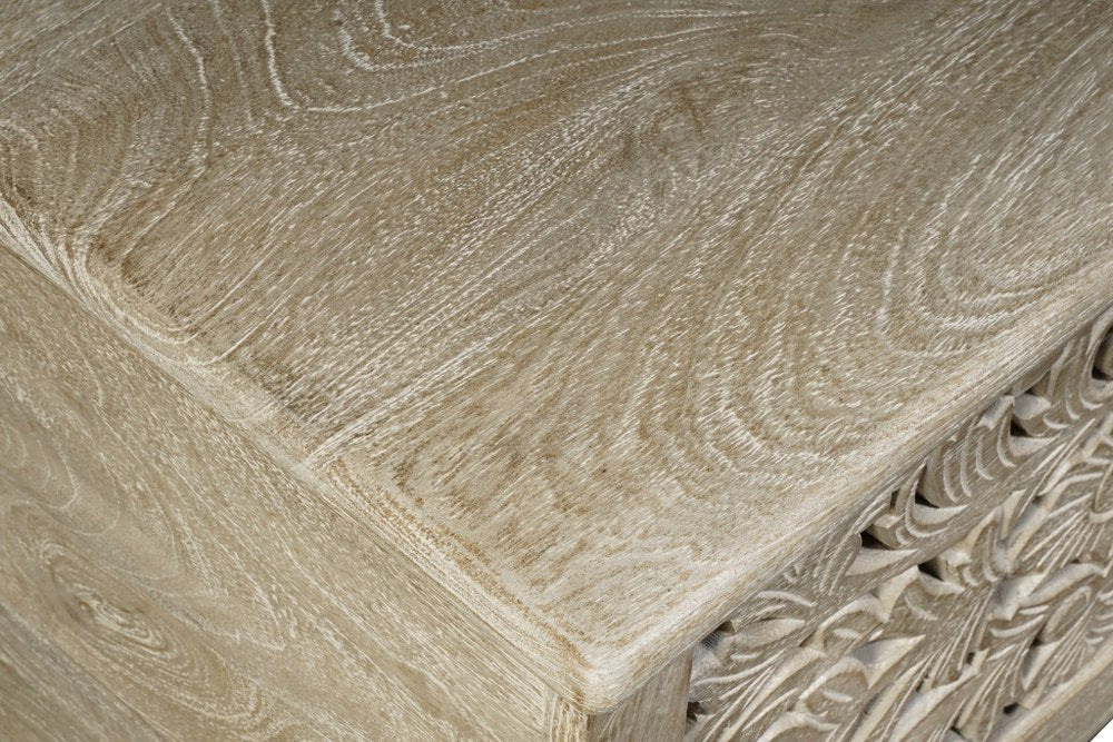 52" Gray Distressed Solid Wood Carved Floral Storage Ottoman