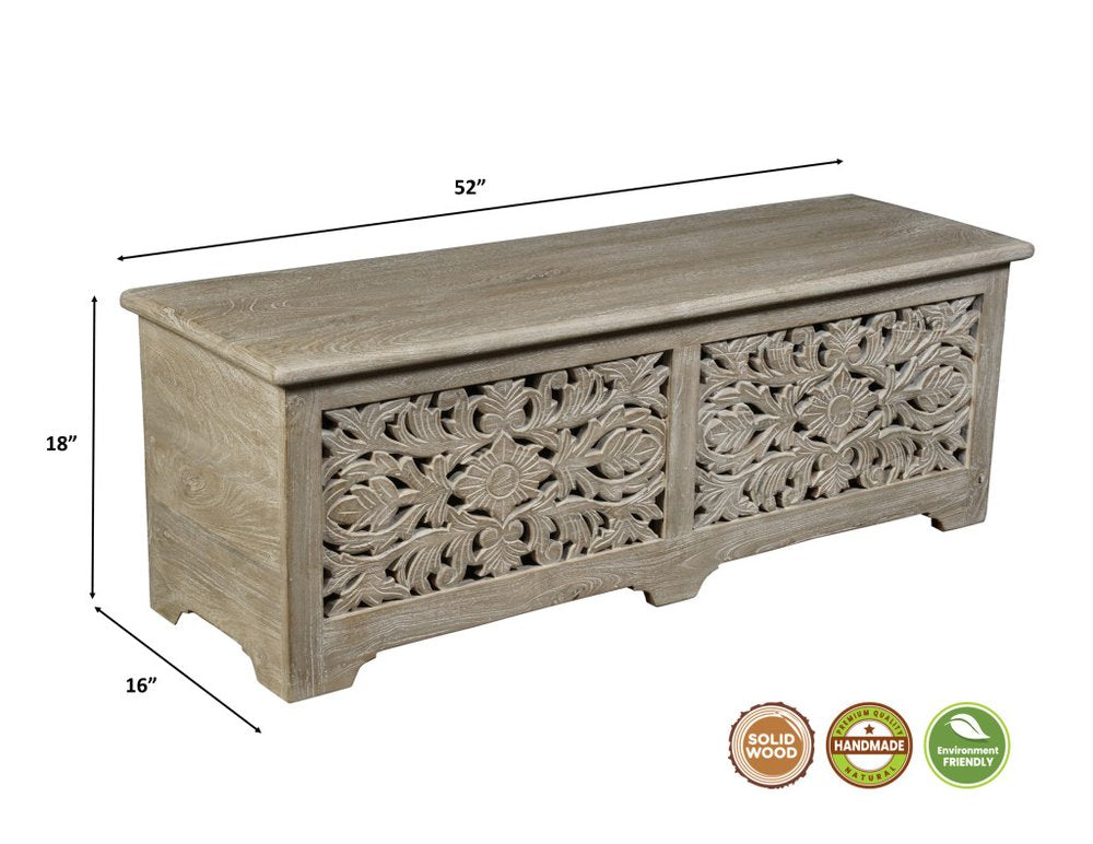 52" Gray Distressed Solid Wood Carved Floral Storage Ottoman