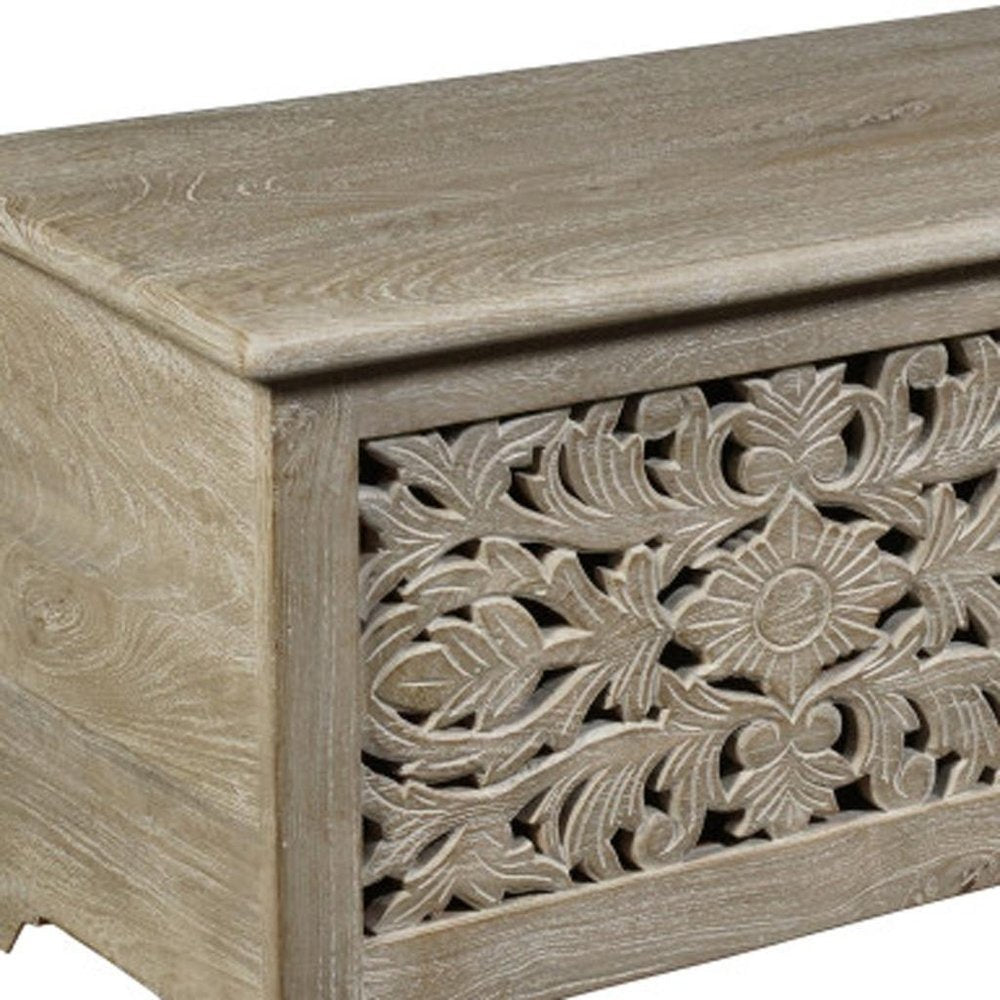 52" Gray Distressed Solid Wood Carved Floral Storage Ottoman
