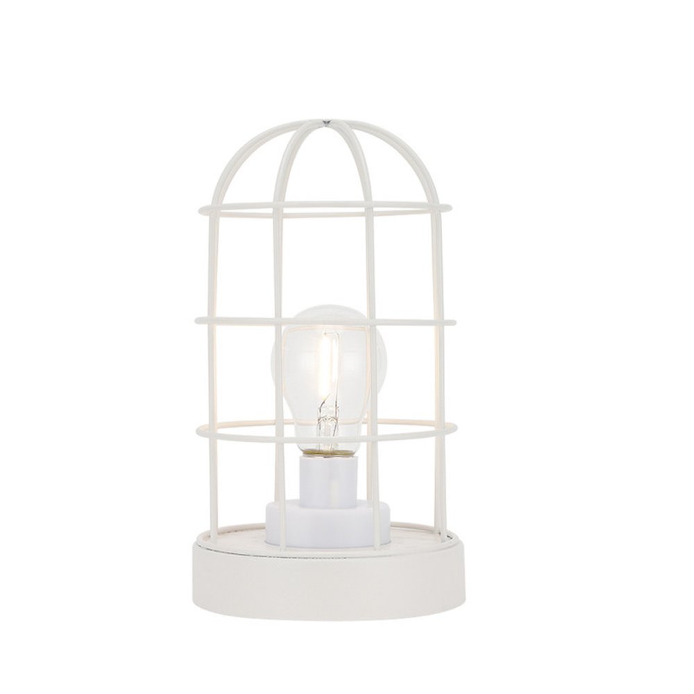 10" White Battery Operated Lamp With Cage Cylinder Shade