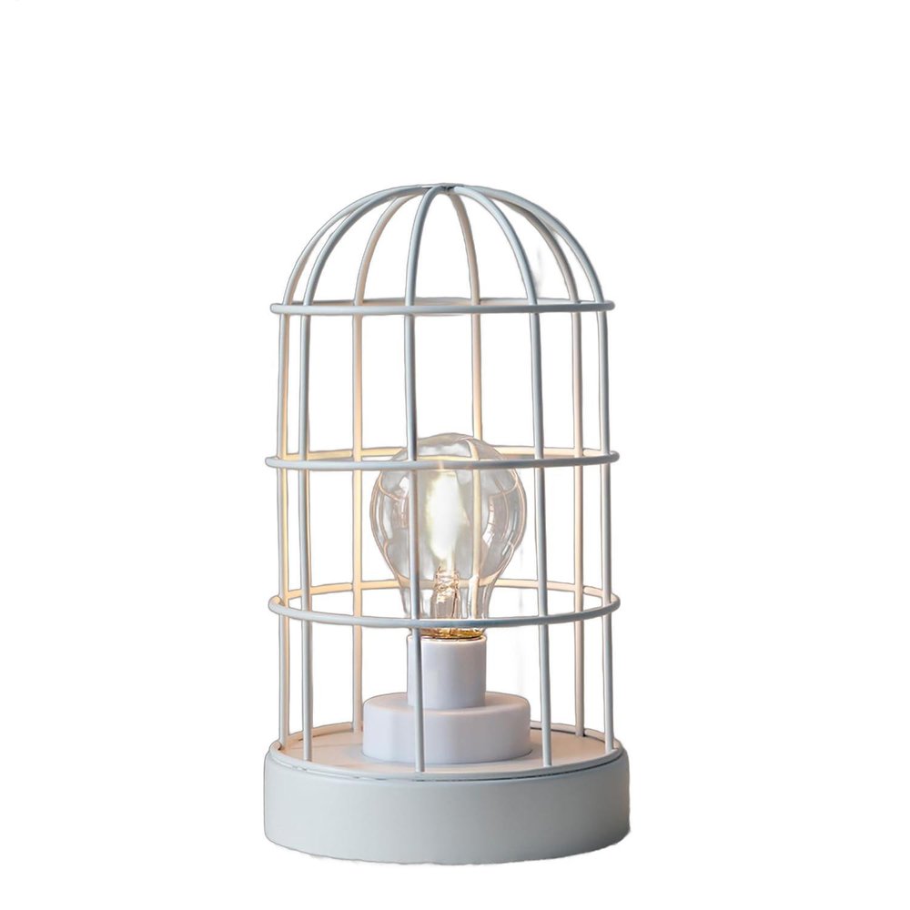 10" White Battery Operated Lamp With Cage Cylinder Shade