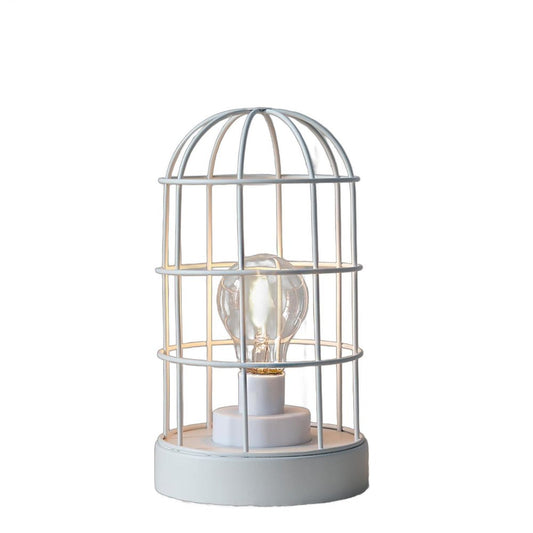 10" White Battery Operated Lamp With Cage Cylinder Shade