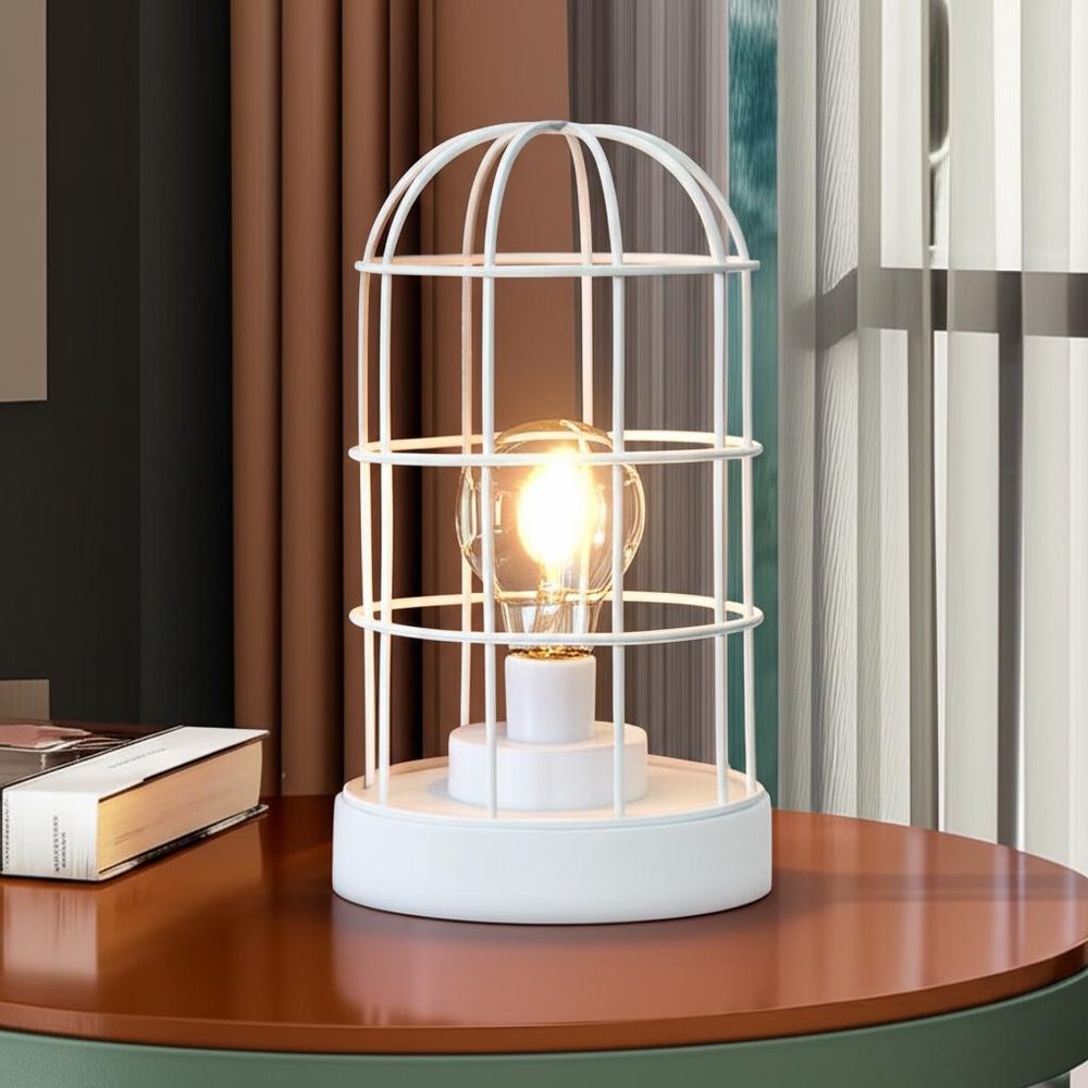 10" White Battery Operated Lamp With Cage Cylinder Shade