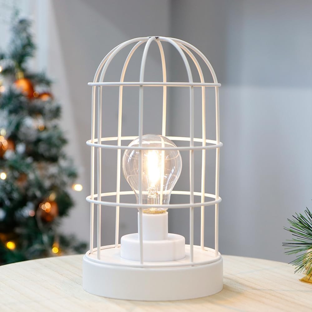 10" White Battery Operated Lamp With Cage Cylinder Shade