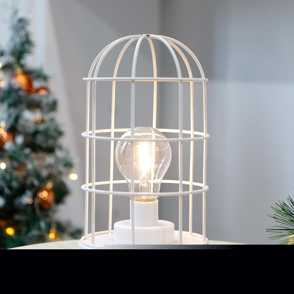 10" White Battery Operated Lamp With Cage Cylinder Shade