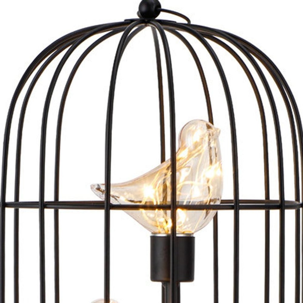 12" Black Battery Operated Round Lamp With Bird Cage Shade