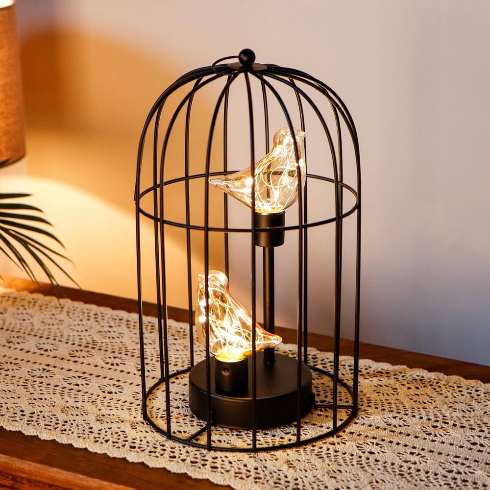 12" Black Battery Operated Round Lamp With Bird Cage Shade