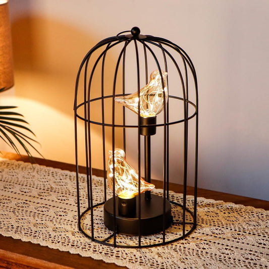 12" Black Battery Operated Round Lamp With Bird Cage Shade