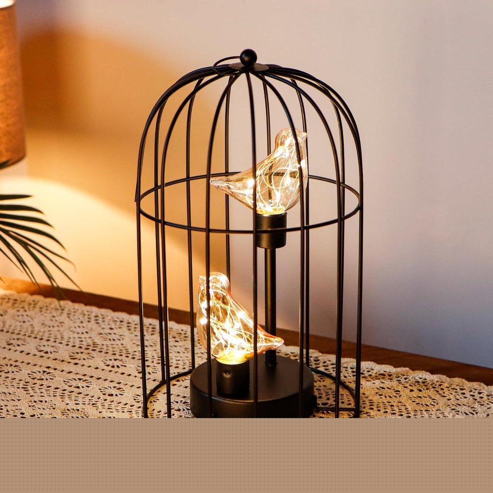 12" Black Battery Operated Round Lamp With Bird Cage Shade