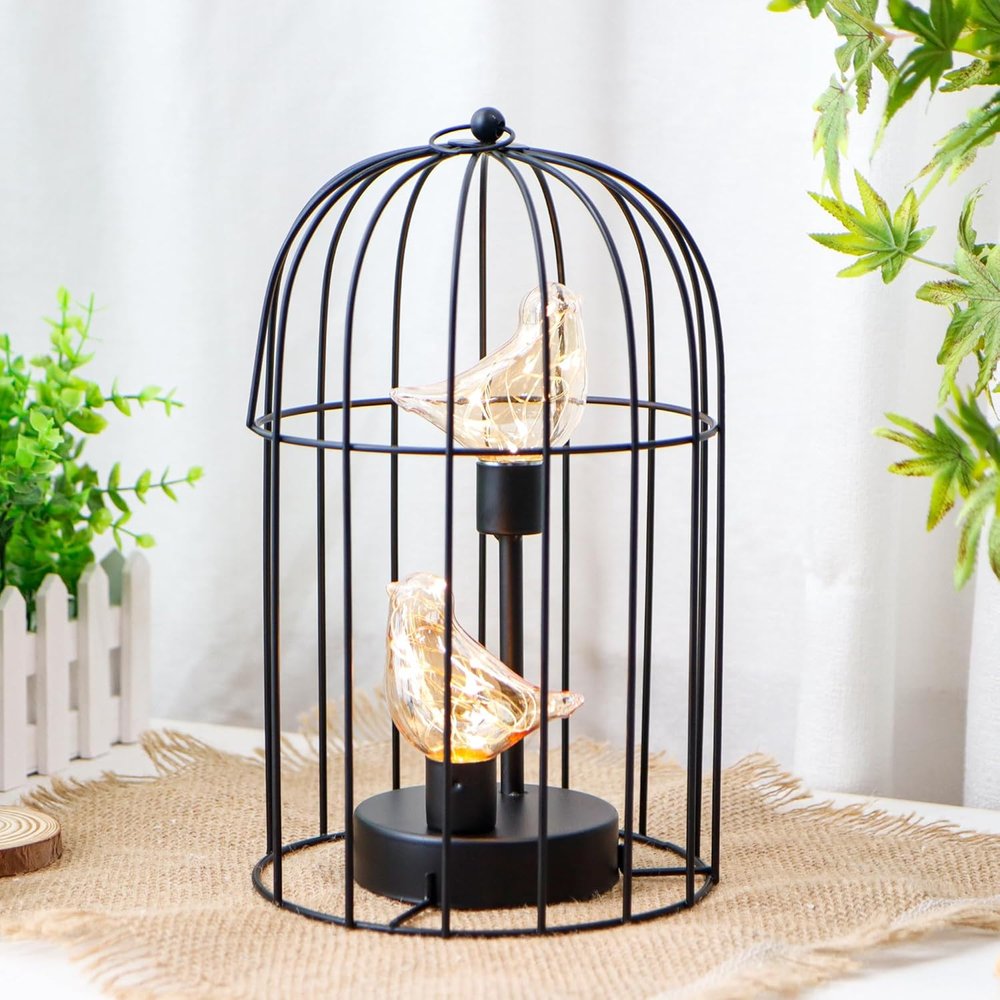 12" Black Battery Operated Round Lamp With Bird Cage Shade