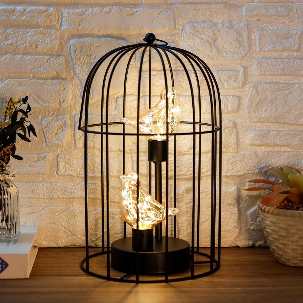 12" Black Battery Operated Round Lamp With Bird Cage Shade