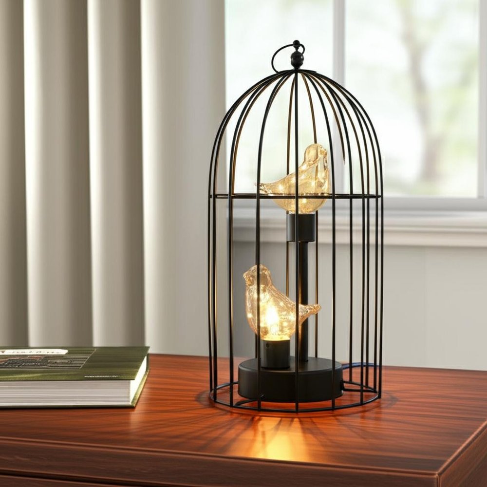 12" Black Battery Operated Round Lamp With Bird Cage Shade