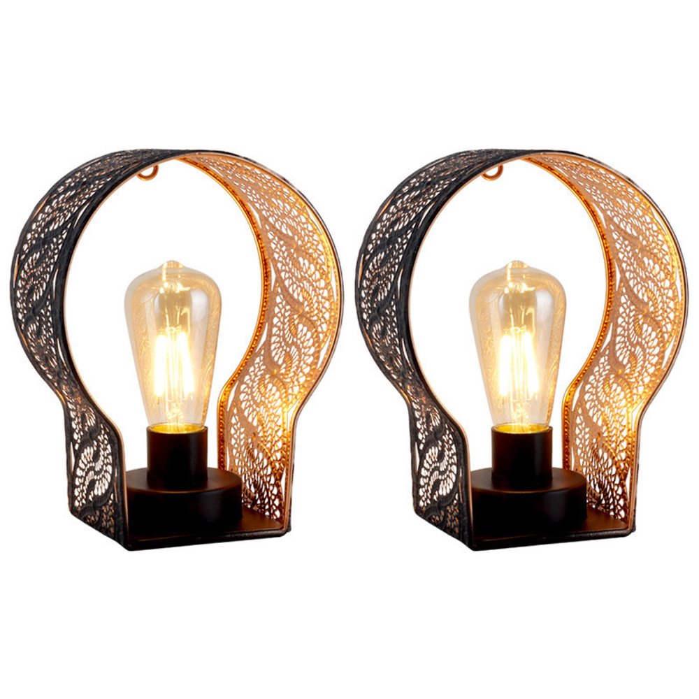 7" Black Battery Operated Round Bedside Lamp With Pierced Shade