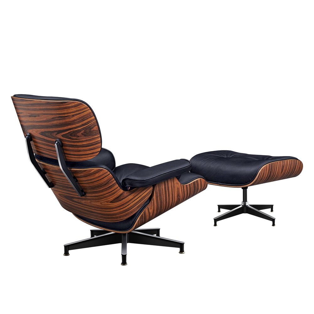 28" Black and Rosewood Tufted Genuine Leather Lounge Chair With Ottoman