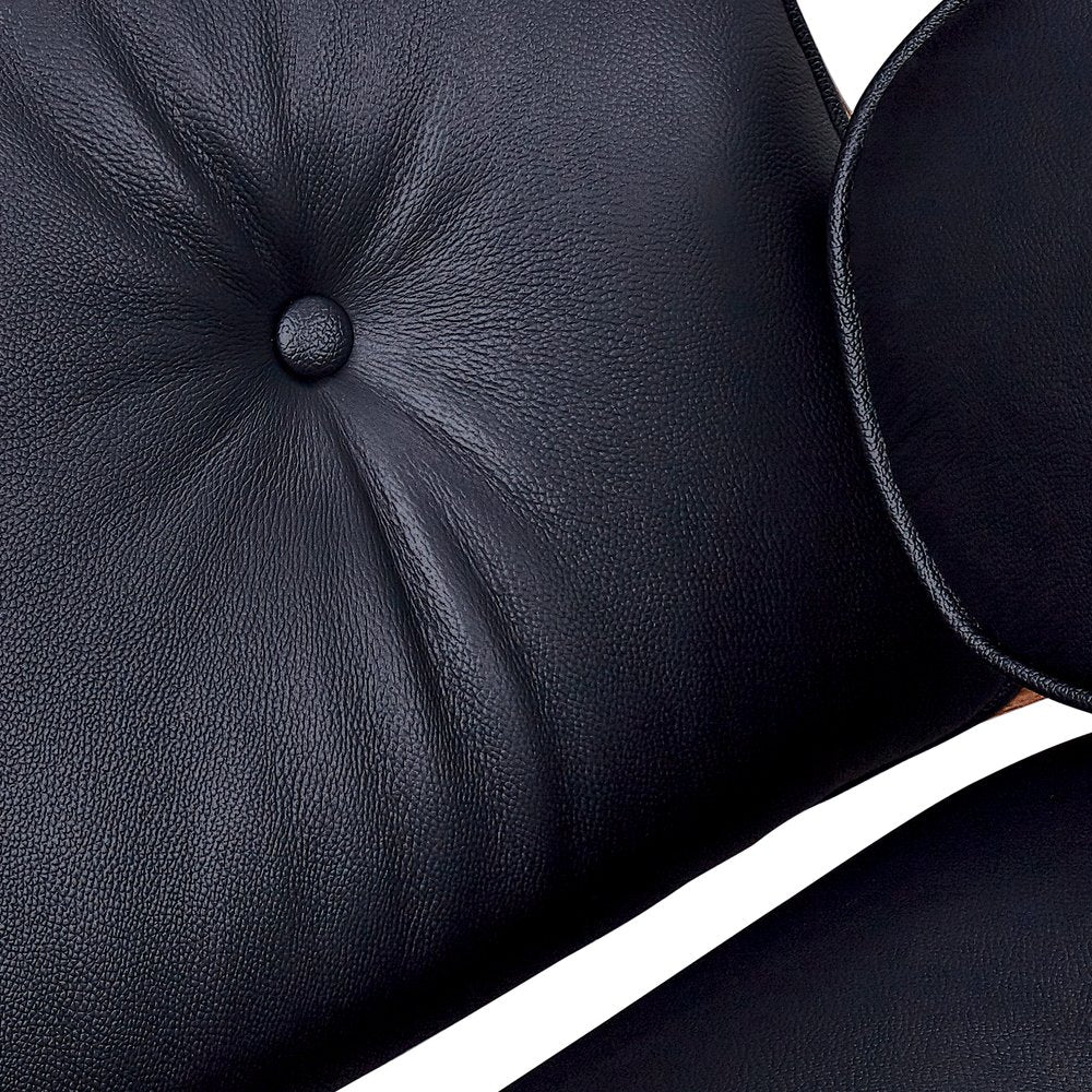 28" Black and Rosewood Tufted Genuine Leather Lounge Chair With Ottoman