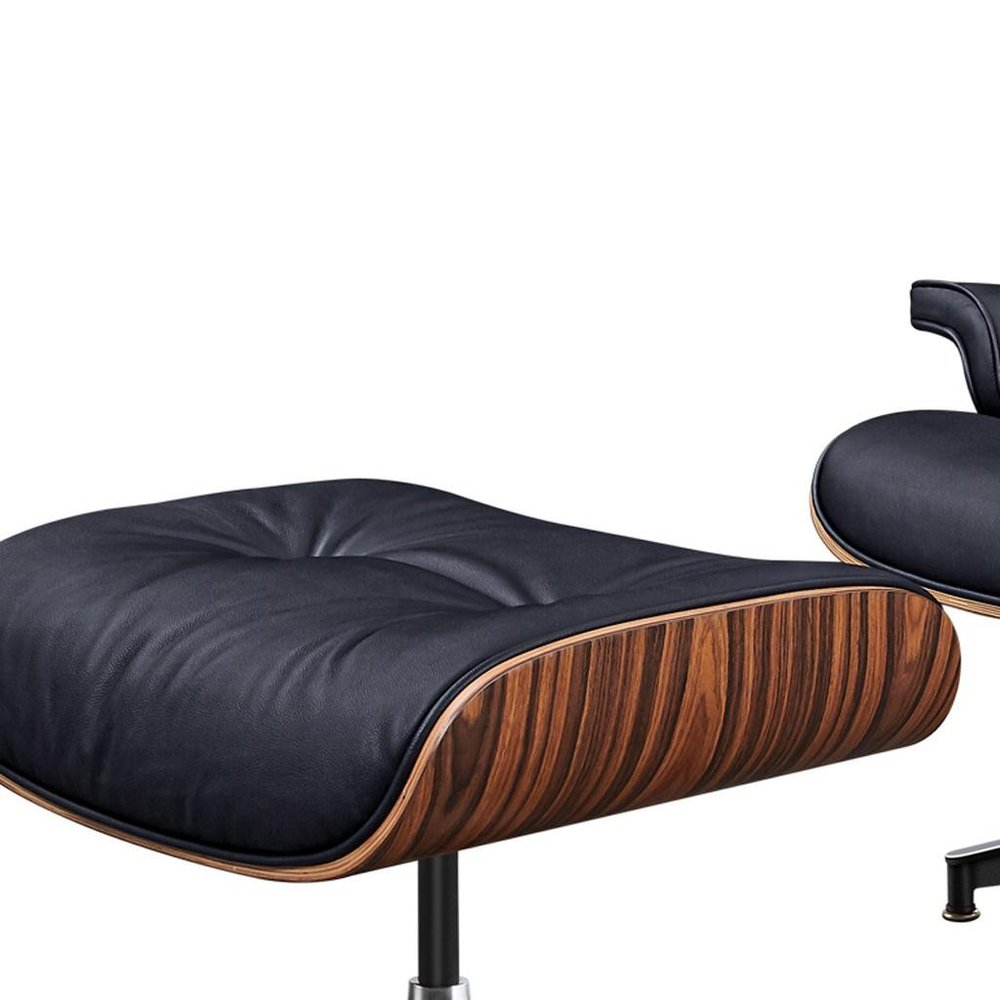 28" Black and Rosewood Tufted Genuine Leather Lounge Chair With Ottoman