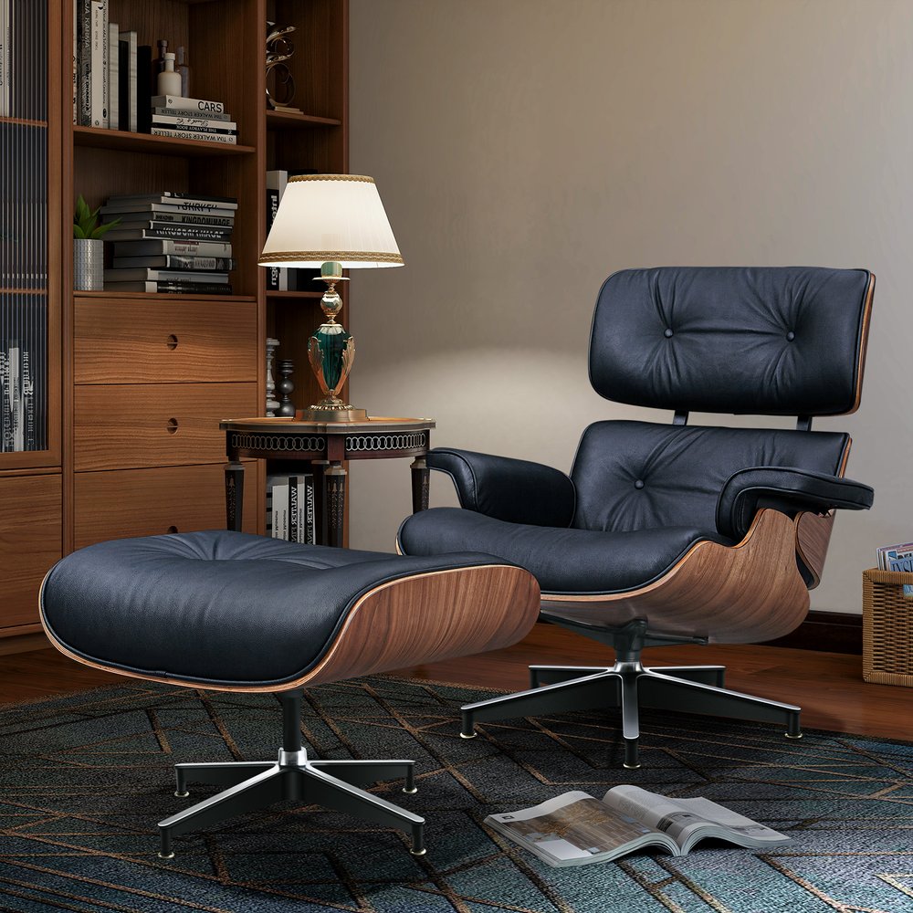 28" Black and Light Brown Tufted Genuine Leather Lounge Chair With Ottoman