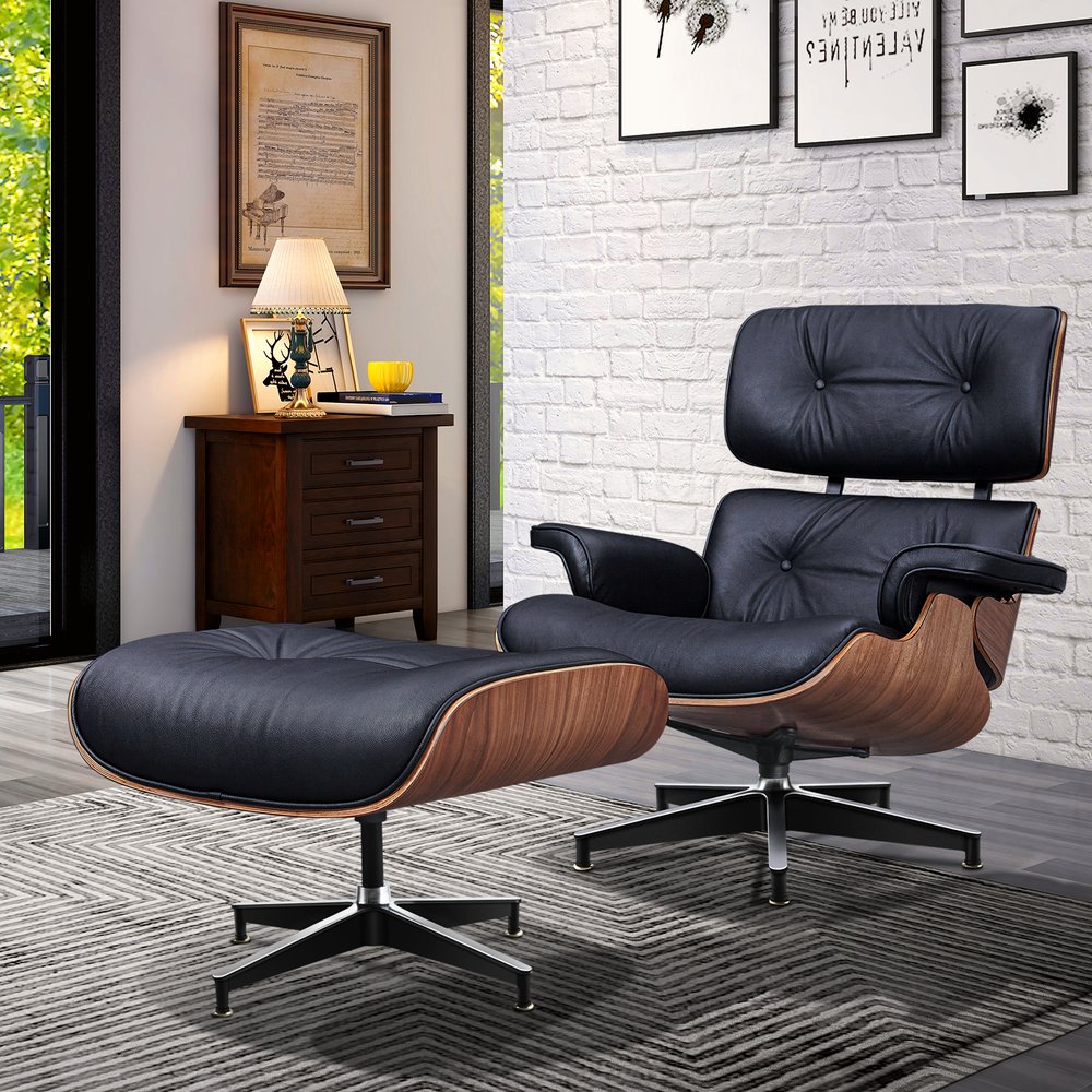 28" Black and Light Brown Tufted Genuine Leather Lounge Chair With Ottoman