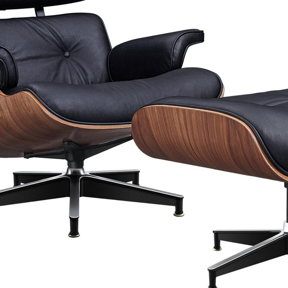 28" Black and Light Brown Tufted Genuine Leather Lounge Chair With Ottoman