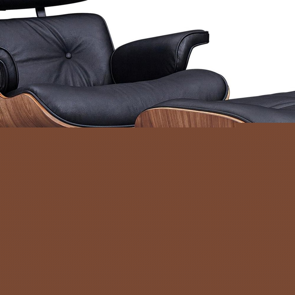 28" Black and Light Brown Tufted Genuine Leather Lounge Chair With Ottoman