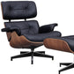 28" Black and Light Brown Tufted Genuine Leather Lounge Chair With Ottoman