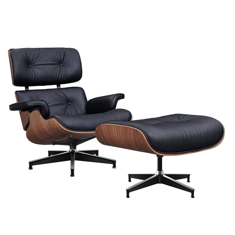 28" Black and Light Brown Tufted Genuine Leather Lounge Chair With Ottoman