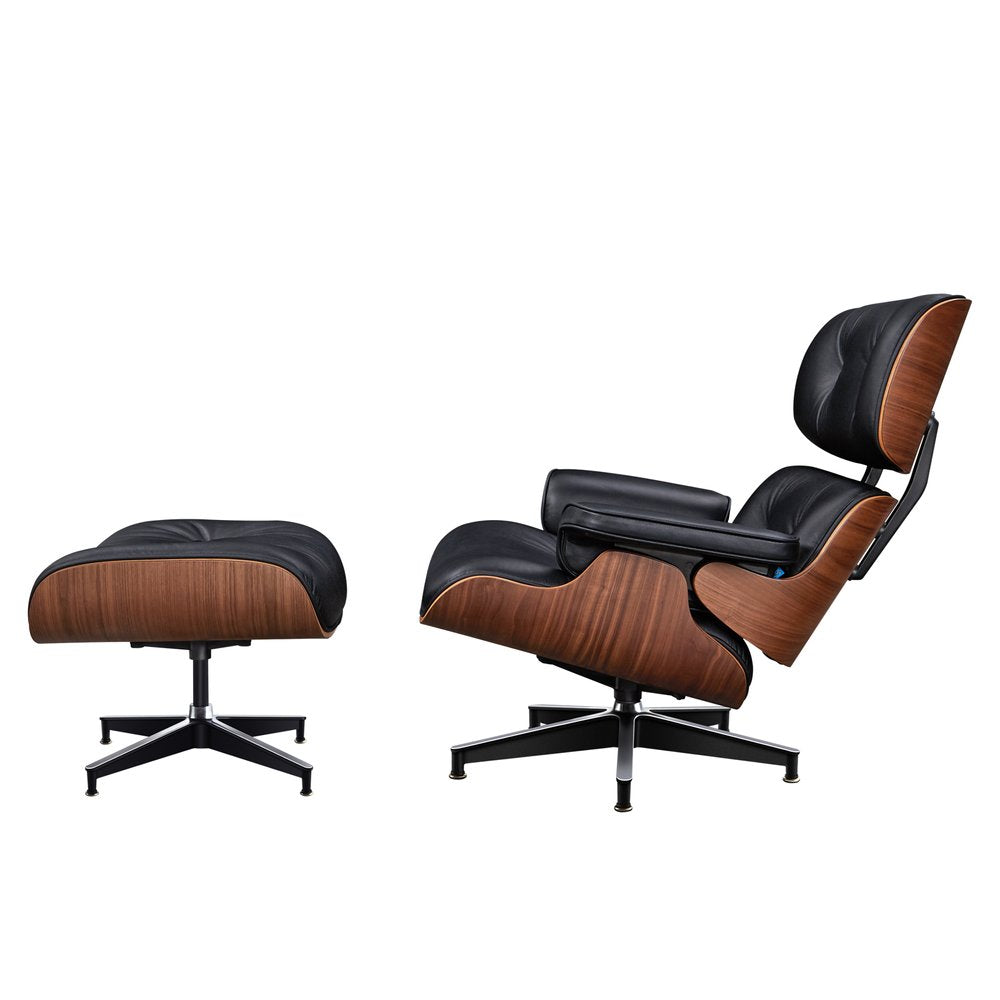 28" Black and Light Brown Tufted Genuine Leather Lounge Chair With Ottoman