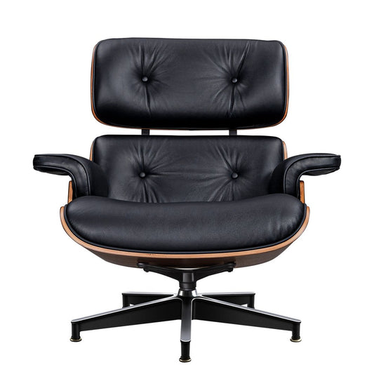 28" Black and Light Brown Tufted Genuine Leather Lounge Chair With Ottoman