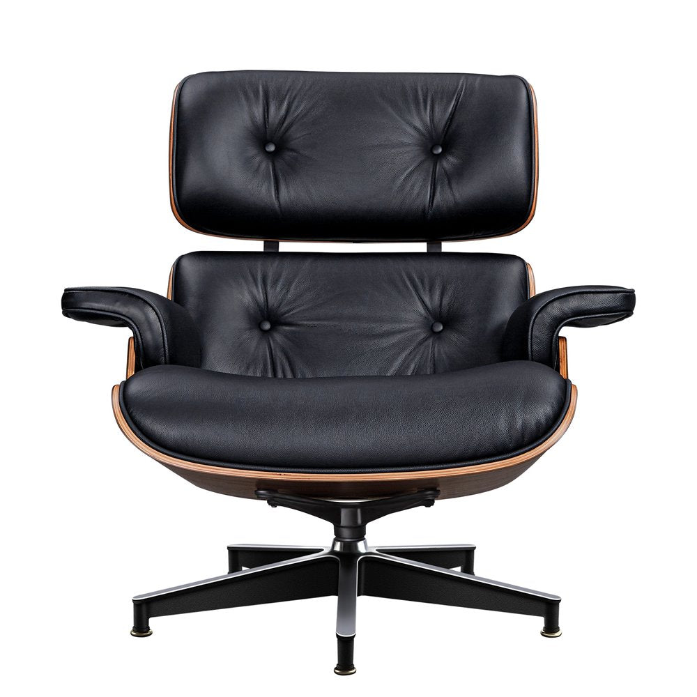 28" Black and Light Brown Tufted Genuine Leather Lounge Chair With Ottoman