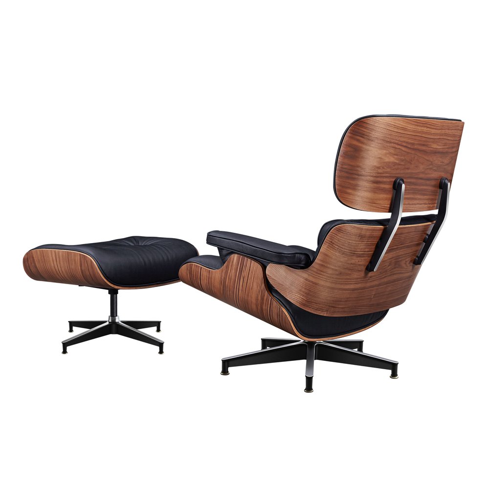 28" Black and Light Brown Tufted Genuine Leather Lounge Chair With Ottoman