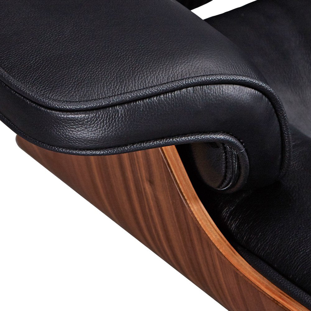 28" Black and Light Brown Tufted Genuine Leather Lounge Chair With Ottoman