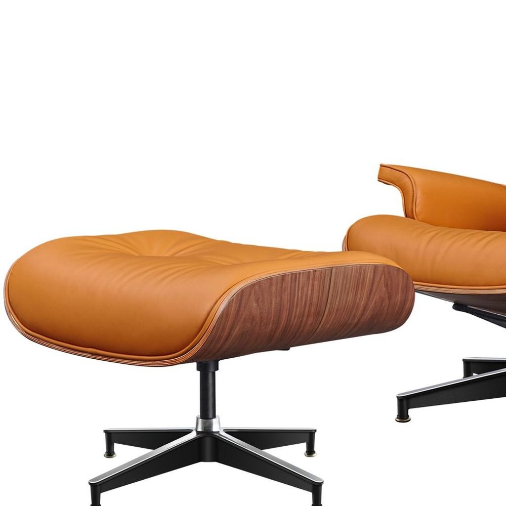 28" Orange and Light Brown Tufted Genuine Leather Lounge Chair With Ottoman