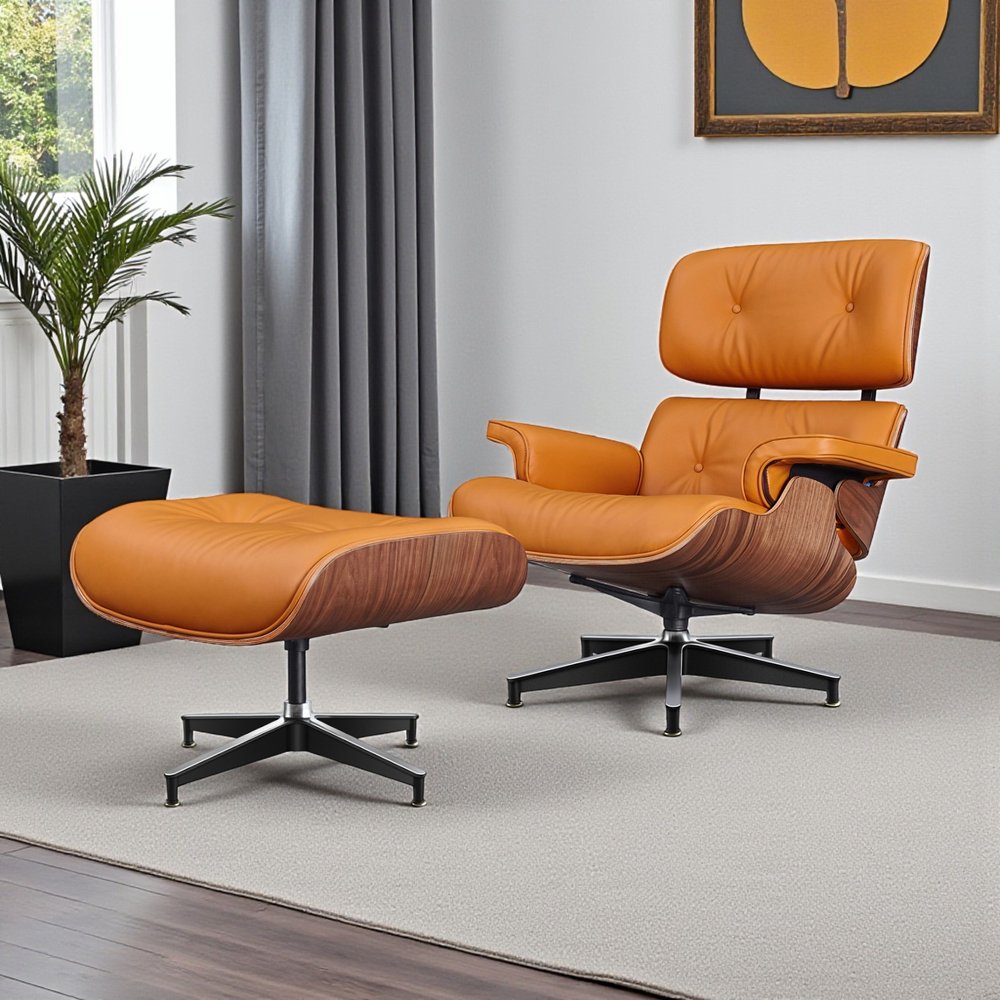 28" Orange and Light Brown Tufted Genuine Leather Lounge Chair With Ottoman