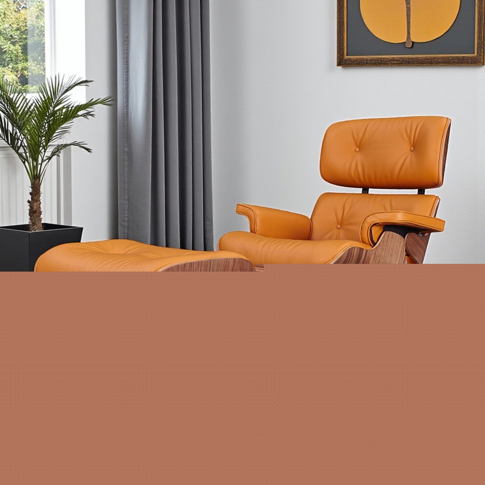 28" Orange and Light Brown Tufted Genuine Leather Lounge Chair With Ottoman