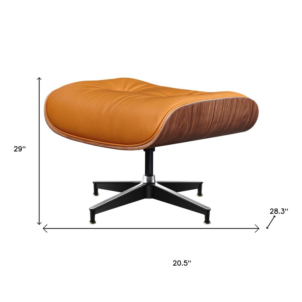 28" Orange and Light Brown Tufted Genuine Leather Lounge Chair With Ottoman