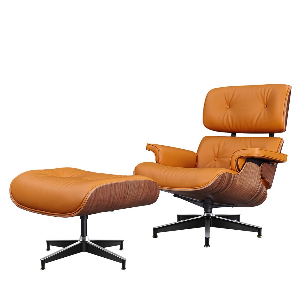 28" Orange and Light Brown Tufted Genuine Leather Lounge Chair With Ottoman