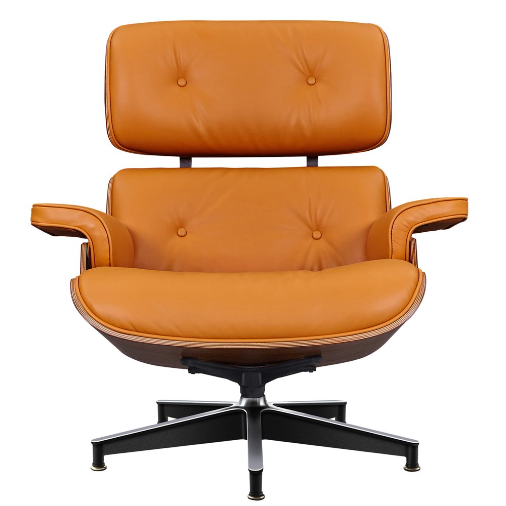 28" Orange and Light Brown Tufted Genuine Leather Lounge Chair With Ottoman