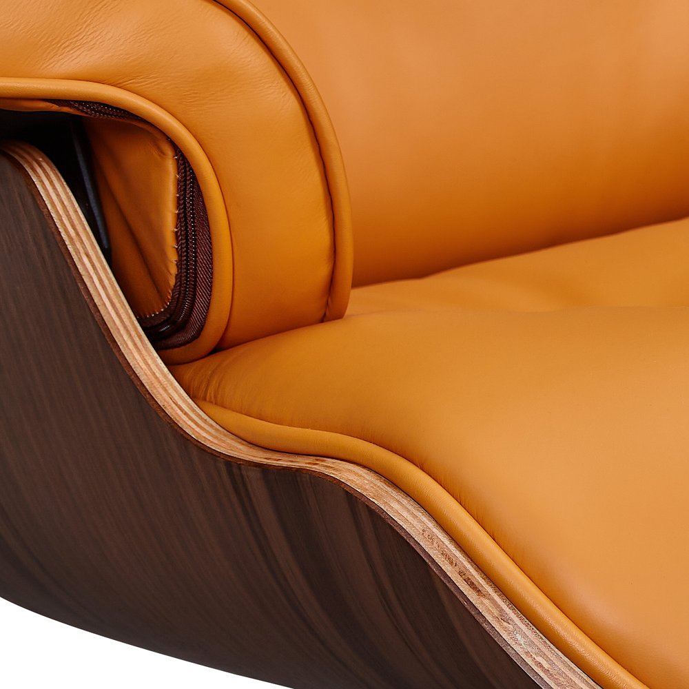 28" Orange and Light Brown Tufted Genuine Leather Lounge Chair With Ottoman