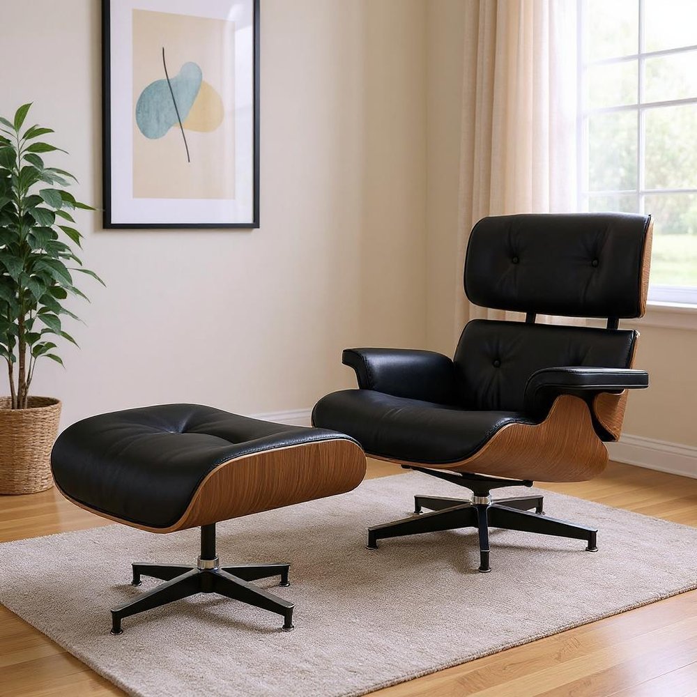 28" Black and Light Brown Tufted Genuine Leather Lounge Chair With Ottoman