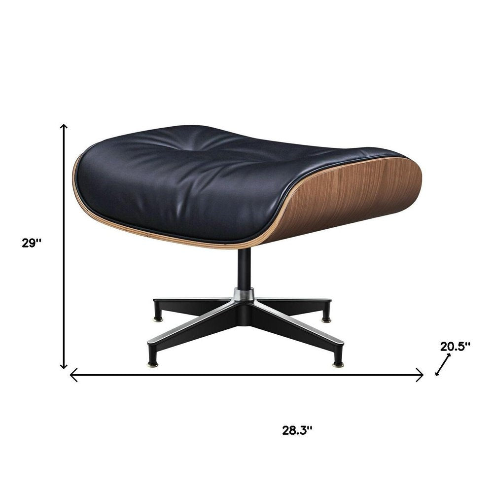 28" Black and Light Brown Tufted Genuine Leather Lounge Chair With Ottoman