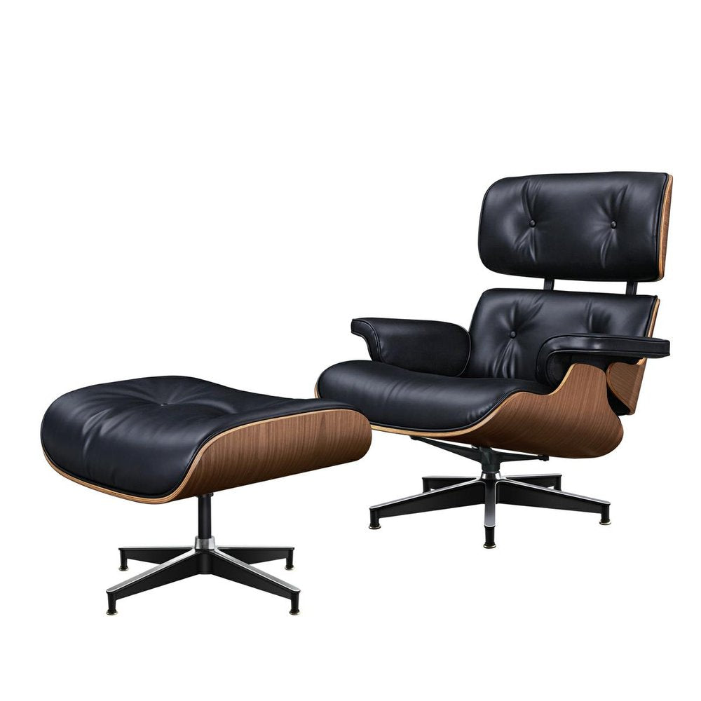 28" Black and Light Brown Tufted Genuine Leather Lounge Chair With Ottoman
