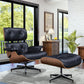 28" Black and Light Brown Tufted Genuine Leather Lounge Chair With Ottoman