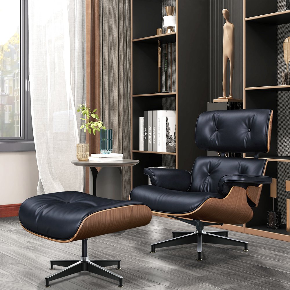 28" Black and Light Brown Tufted Genuine Leather Lounge Chair With Ottoman