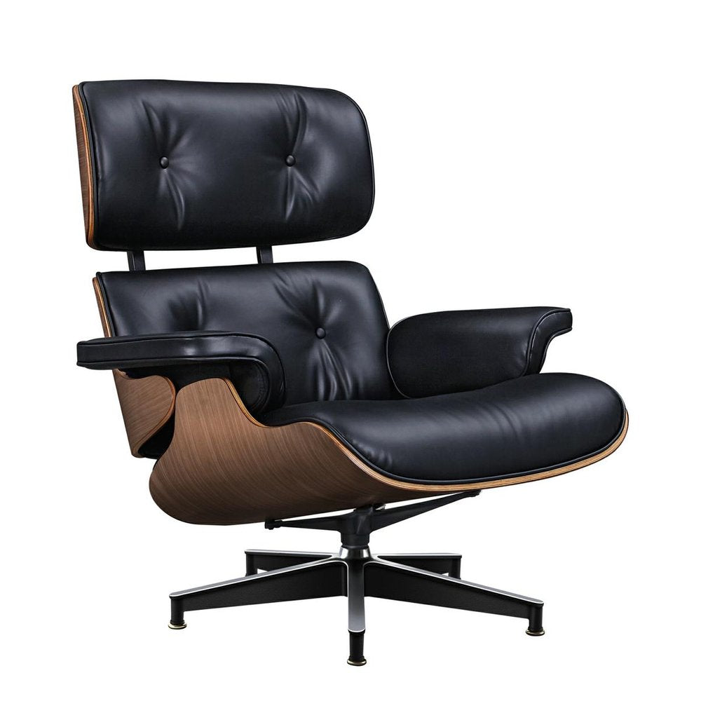 28" Black and Light Brown Tufted Genuine Leather Lounge Chair With Ottoman