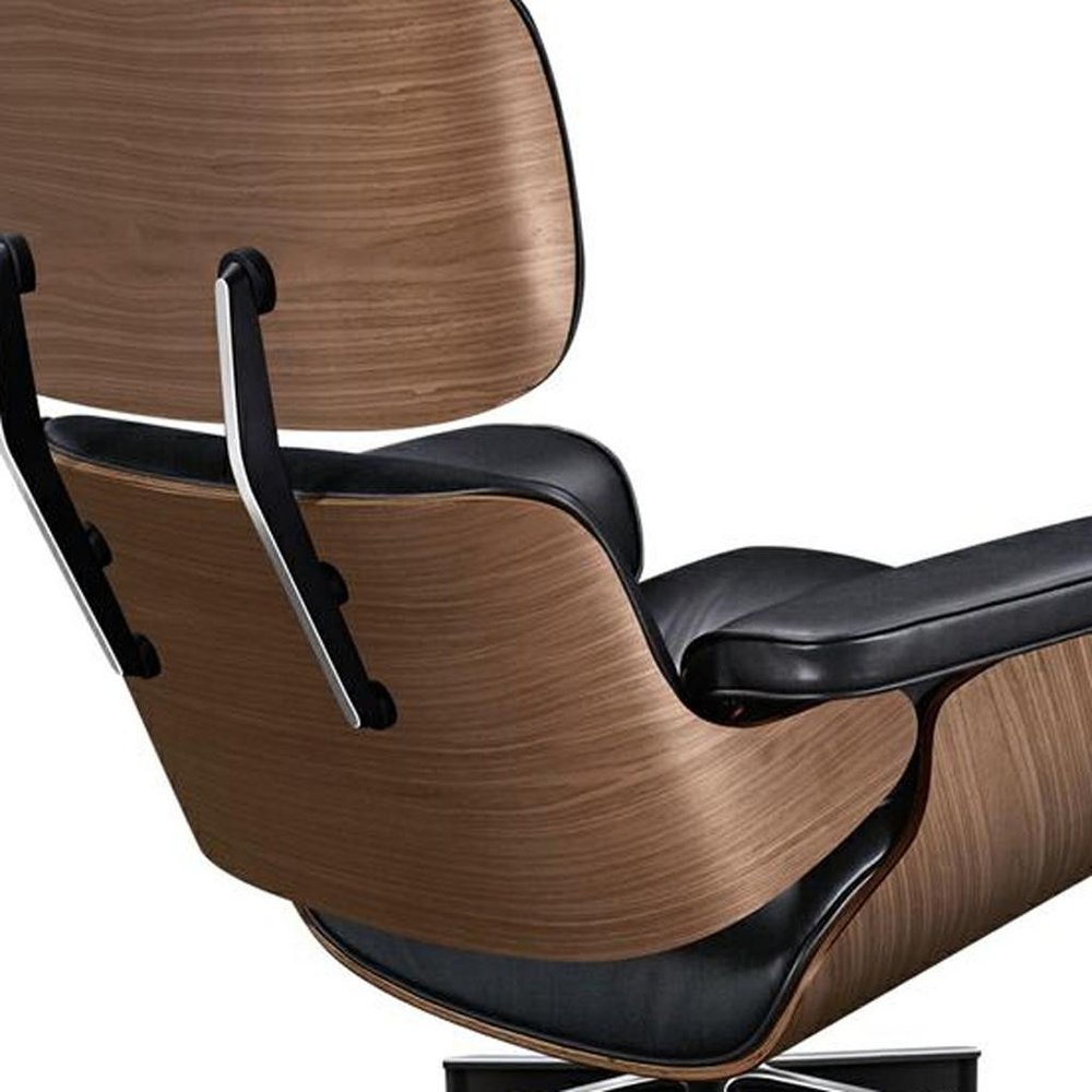 28" Black and Light Brown Tufted Genuine Leather Lounge Chair With Ottoman